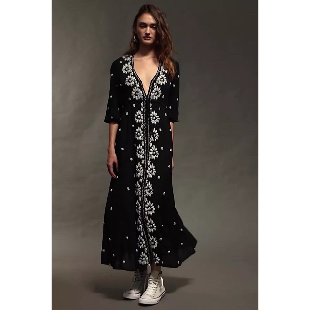 Free People Fable Black Embroidered Midi Dress Boho Festival XS Boho Whimsical